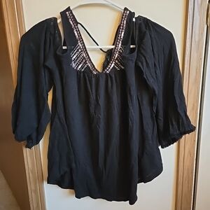 Charming Charlie Women's Black Bohemian Cold Shoulder Long Sleeve Blouse Top EX!